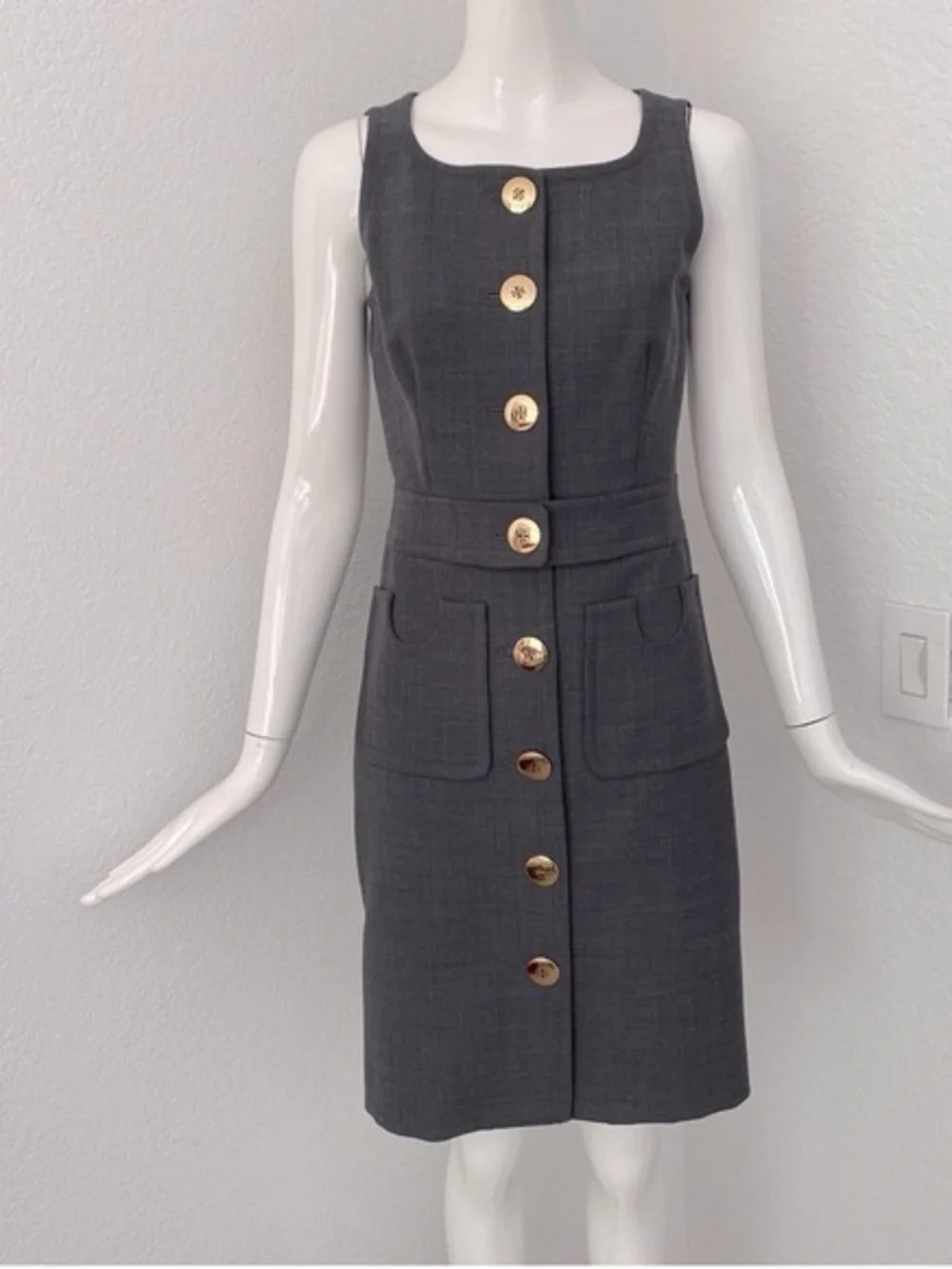 Tory Burch Sleeveless Gray Button-Front Wool Blend Sheath Dress size 8